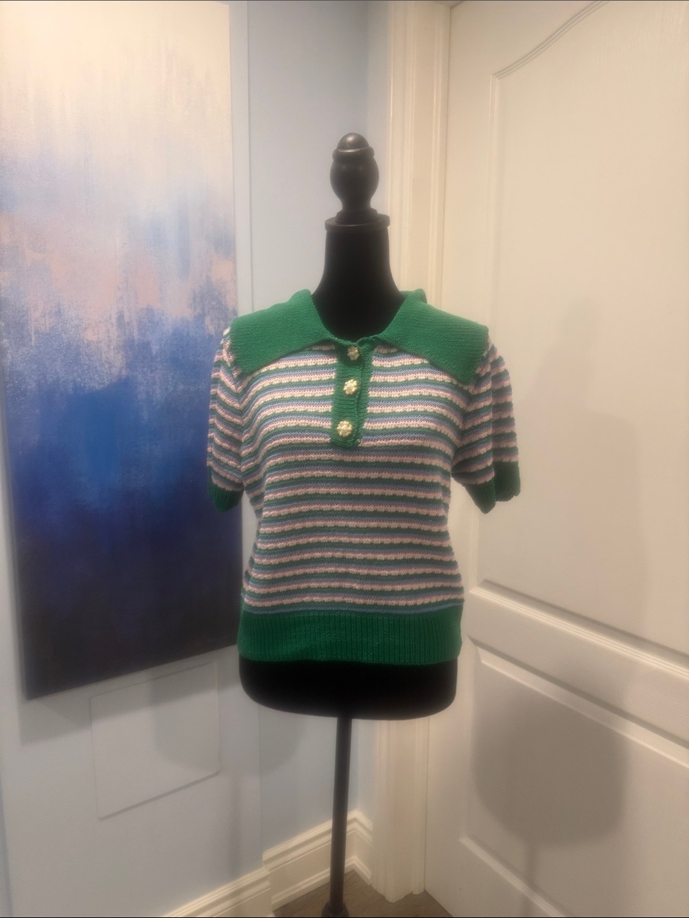 Green Striped Knit Polo Top with Short Sleeves